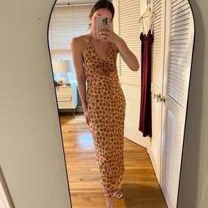 Cotton candy LA floral 70s print midi dress